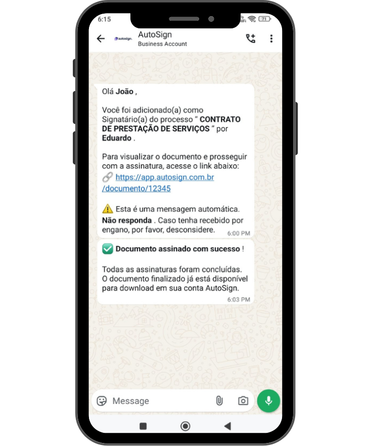 Interface de assinatura de documentos pelo WhatsApp